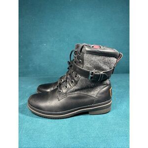 UGG Lace Up Boots Black Leather Wool Women’s Size 6.5 Strap Buckle Ankle Boot